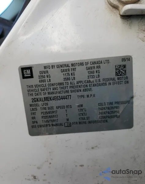 2014 GMC Terrain Sle from USA, damaged, VIN 2GKALMEK4E6344477